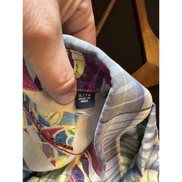 Robert Graham Mens Sz XL Green/ Blue Striped S/S Button Up Shirt (X15) - Picture 7 of 11